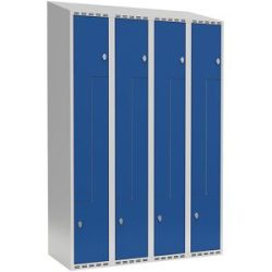 kaiserkraft Z-Spind Fydor, 4 Abteile, lichtgrau / enzianblau, B 1200 mm, schräge Dachform, Vorhängeschloss