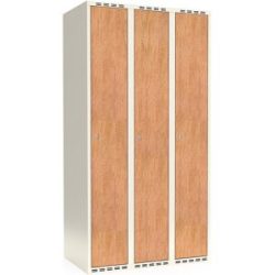 kaiserkraft Spind Fydor, HPL, 3 Abteile, weiß/Eiche, B 900 mm, flache Dachform, Zylinderschloss