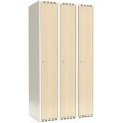 kaiserkraft Spind Fydor, HPL, 3 Abteile, weiß/Birke, B 900 mm, flache Dachform, Zylinderschloss