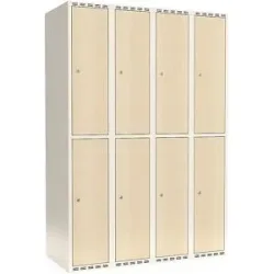 kaiserkraft Doppelstock-Spind Fydor, HPL, 4 Abteile, weiß/Birke, B 1200 mm, flache Dachform, Zylinderschloss