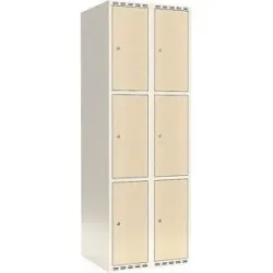 kaiserkraft 3er-Schließfachschrank Fydor, HPL, 2 Abteile, weiß/Birke, B 600 mm, flache Dachform, Zylinderschloss