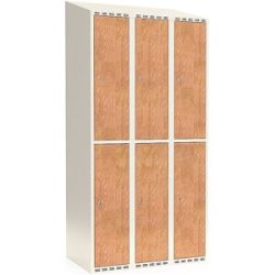 kaiserkraft Doppelstock-Spind Fydor, HPL, 3 Abteile, weiß/Eiche, B 900 mm, schräge Dachform, Zylinderschloss