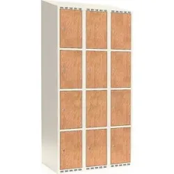 kaiserkraft 4er-Schließfachschrank Fydor, HPL, 3 Abteile, weiß/Eiche, B 900 mm, schräge Dachform, Zylinderschloss