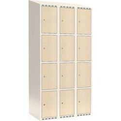 kaiserkraft 4er-Schließfachschrank Fydor, HPL, 3 Abteile, weiß/Birke, B 900 mm, schräge Dachform, Zylinderschloss