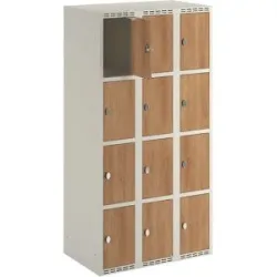 kaiserkraft 4er-Schließfachschrank Fydor, HPL, 3 Abteile, weiß/Eiche, B 900 mm, flache Dachform, Vorhängeschloss
