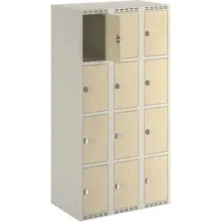 kaiserkraft 4er-Schließfachschrank Fydor, HPL, 3 Abteile, weiß/Birke, B 900 mm, flache Dachform, Vorhängeschloss