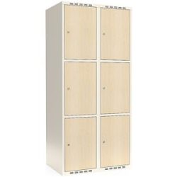 kaiserkraft 3er-Schließfachschrank Fydor, HPL, 2 Abteile, weiß/Birke, B 800 mm, flache Dachform, Zylinderschloss