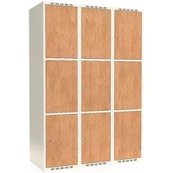 kaiserkraft 3er-Schließfachschrank Fydor, HPL, 3 Abteile, weiß/Eiche, B 1200 mm, flache Dachform, Zylinderschloss
