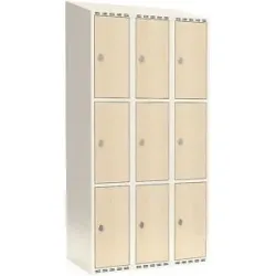 kaiserkraft 3er-Schließfachschrank Fydor, HPL, 3 Abteile, weiß/Birke, B 900 mm, schräge Dachform, Vorhängeschloss