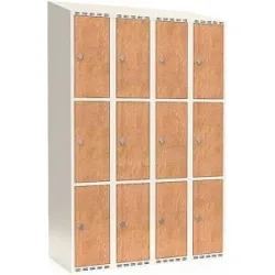 kaiserkraft 3er-Schließfachschrank Fydor, HPL, 4 Abteile, weiß/Eiche, B 1200 mm, schräge Dachform, Vorhängeschloss