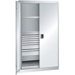 ESD-Schwerlastschrank, H 1950 mm, 2 Fachböden, 4 Schubladen, 1 Auszugboden, BxT 1100 x 641 mm, lichtgrau LISTA