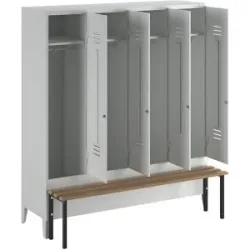 Spind Berlin 2 Sitzbank, 4 Abteile, lichtgrau, B 1600 mm, vorgebaut, Buchenholz Wolf