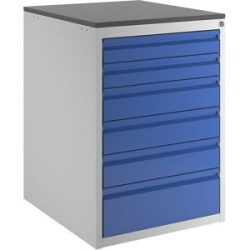 Schubladenschrank mit Teleskopführungen, Höhe 820 mm, Schubladen 2 x 90, 3 x 120, 1 x 180 mm, lichtgrau / enzianblau, Breite 580 mm RAU