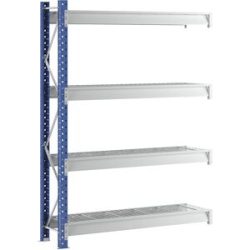 Schwerlast-Großfachregal mit Drahtgitterauflagen, Rahmenfarbe Blau, HxBxT 2996 x 2330 x 600 mm, Anbauregal Manorga