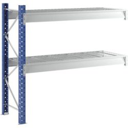 Schwerlast-Großfachregal mit Drahtgitterauflagen, Rahmenfarbe Blau, HxBxT 1996 x 2330 x 800 mm, Anbauregal Manorga