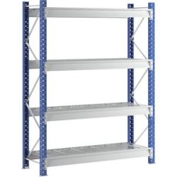 Schwerlast-Großfachregal mit Drahtgitterauflagen, Rahmenfarbe Blau, HxBxT 2996 x 2410 x 800 mm, Grundregal Manorga