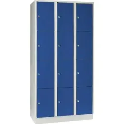 4er-Schließfachschrank München, 3 Abteile, lichtgrau / enzianblau, B 900 mm, mit Bodensockel Wolf