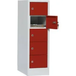 Schliessfachschrank, Stahlbl., Türanschl. rechts, Zylinderschloss, 5 Fächer, B 300 x H 965 mm, l.grau RAL 7035/f.rot RAL 3000