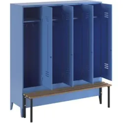 Spind Berlin 2 Sitzbank, 4 Abteile, lichtblau, B 1600 mm, vorgebaut, Buchenholz Wolf