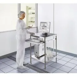 kaiserkraft Reinraum-PC-Arbeitstisch, aus Edelstahl, Ablageboden und Tastaturauszug, HxBxT 870 x 610 x 610 mm