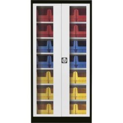 Sichtfenster-Flügeltürenschrank, mit 28 Sichtlagerkästen, graphitschwarz / lichtgrau mauser
