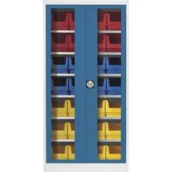 Sichtfenster-Flügeltürenschrank, mit 28 Sichtlagerkästen, lichtgrau / brillantblau mauser