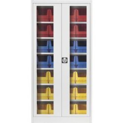 Sichtfenster-Flügeltürenschrank, mit 28 Sichtlagerkästen, lichtgrau mauser