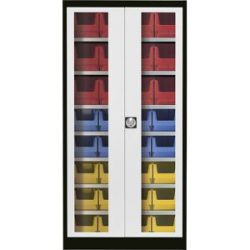 Sichtfenster-Flügeltürenschrank, mit 32 Sichtlagerkästen, graphitschwarz / lichtgrau mauser