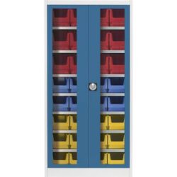 Sichtfenster-Flügeltürenschrank, mit 32 Sichtlagerkästen, lichtgrau / brillantblau mauser