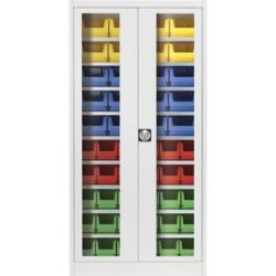 Sichtfenster-Flügeltürenschrank, mit 50 Sichtlagerkästen, lichtgrau mauser