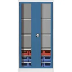 Sichtfenster-Flügeltürenschrank, mit 12 Sichtlagerkästen, lichtgrau / brillantblau mauser