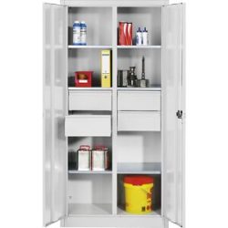 Materialschrank aus Stahlblech, 6 Fachböden, 4 Schubladen, HxBxT 1950 x 1200 x 500 mm, lichtgrau C+P