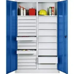 Materialschrank aus Stahlblech, 2 Fachböden, 24 Schubladen, HxBxT 1950 x 1200 x 500 mm, Tür enzianblau, Korpus lichtgrau C+P