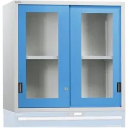 Aufsatzschrank mit Schiebetüren, Türen mit Sichtfenster, HxBxT 1000 x 1023 x 725 mm, lichtblau LISTA