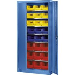 Magazinschrank, einfarbig, mit 32 Sichtlagerkästen, 7 Fachböden, blau mauser