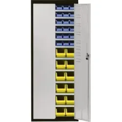 Magazinschrank mit Sichtlagerkästen, HxBxT 1740 x 680 x 280 mm, zweifarbig, Korpus schwarz, Türen grau, 60 Kästen mauser