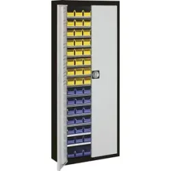 Magazinschrank mit Sichtlagerkästen, HxBxT 1740 x 680 x 280 mm, zweifarbig, Korpus schwarz, Türen grau, 90 Kästen mauser