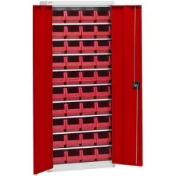 Materialschrank mit Lagerkästen, Höhe 1575 mm, 9 Fachböden, lichtgrau / verkehrsrot eurokraft pro