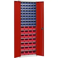 Materialschrank mit Lagerkästen, Höhe 2000 mm, 15 Fachböden, lichtgrau / verkehrsrot eurokraft pro