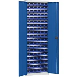 Materialschrank mit Lagerkästen, Höhe 2000 mm, 18 Fachböden, lichtgrau / enzianblau eurokraft pro