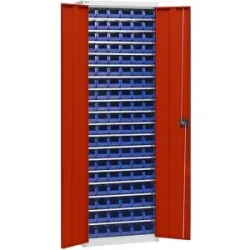 Materialschrank mit Lagerkästen, Höhe 2000 mm, 18 Fachböden, lichtgrau / verkehrsrot eurokraft pro