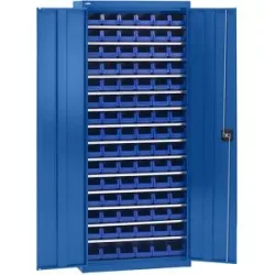 Materialschrank mit Lagerkästen, Höhe 1575 mm, 14 Fachböden, enzianblau eurokraft pro