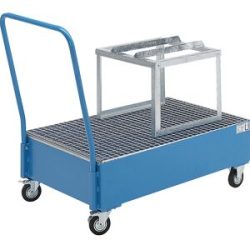 Fahrbare Auffangwanne aus Stahlblech, LxB 1200 x 800 mm, 1 x 200-l-Fass liegend, blau RAL 5012 eurokraft basic