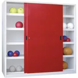 Ball-Schiebetürenschrank, Höhe 1950 mm, mit Vollblech-Türen, Breite 2000 mm, grau / rot Pavoy