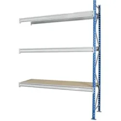 Schwerlast-Großfachregal mit Spanplattenauflagen, Rahmenfarbe blau, HxBxT 2496 x 2330 x 800 mm, Anbauregal Manorga
