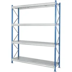 Schwerlast-Großfachregal mit Stahlauflagen, Rahmenfarbe blau, HxBxT 2996 x 2860 x 1000 mm, Grundregal Manorga
