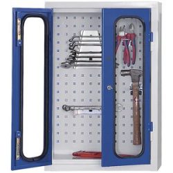 kaiserkraft Werkzeug-Hängeschrank mit Sichtfenster, mit Loch-Rückwand, HxBxT 750 x 500 x 200 mm, lichtgrau / enzianblau