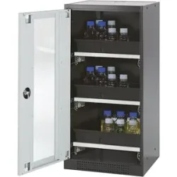Labor-Chemikalienschrank, 1-türig, halbhoch, 3 Auszüge, mit Sichtfenster, grau asecos
