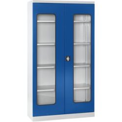 Materialschrank, Tiefe 450 mm, 4 Fachböden und Sichtfenstertüren, Türen blau eurokraft pro