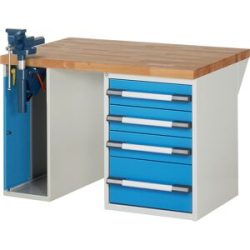 Werkbank, Baukastensystem Serie 7000, 1 Schrank, 1 Standcontainer je 4 Schubladen, BxT 1250 x 900 mm eurokraft pro